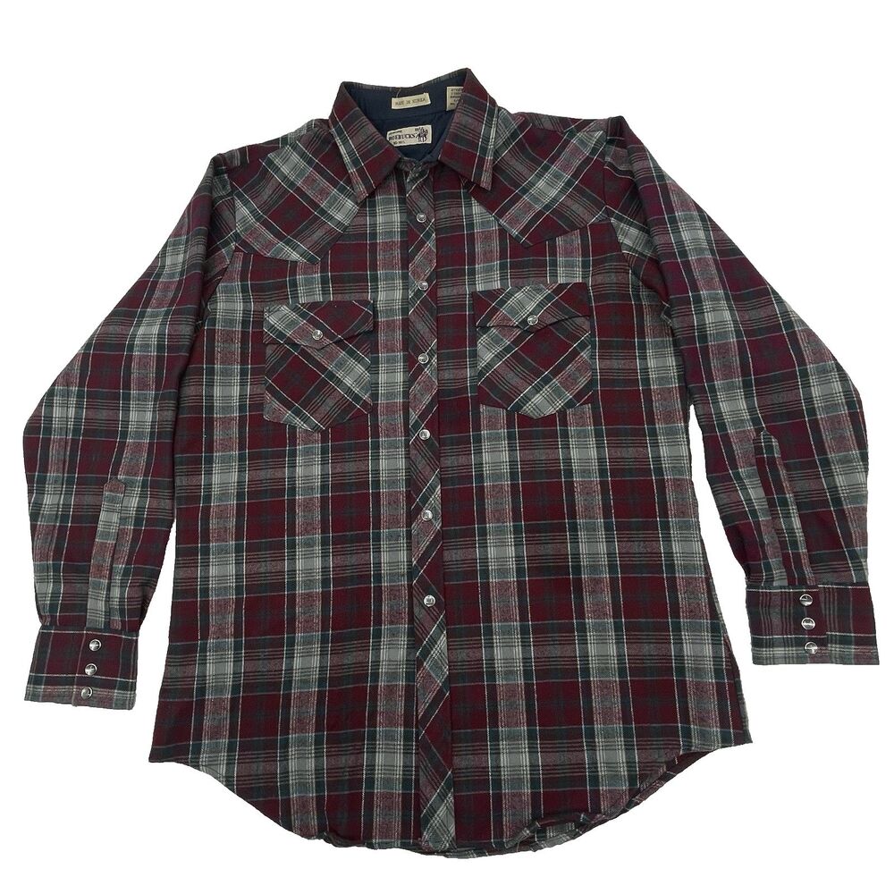Roebucks Western Flannel Shirt Mens L Burgundy Gray Plaid Pearl Snap Pockets VTG